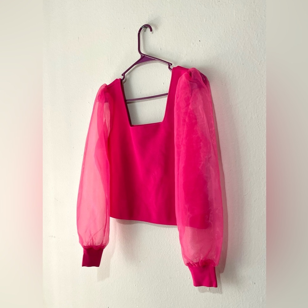 House of Harlow 1960 Hot Pink Puff-Sleeve Square Neck Top Size Large - Picture 5 of 8